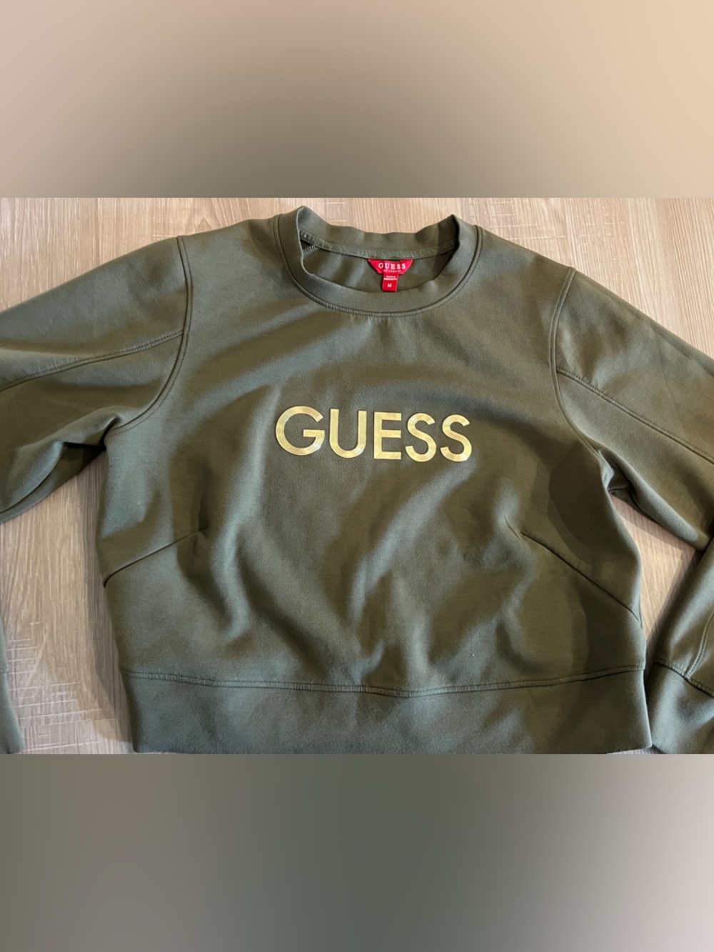 GUESS Womens SOL Logo Sweatshirt Size M Olive Green with Metallic Gold Logo